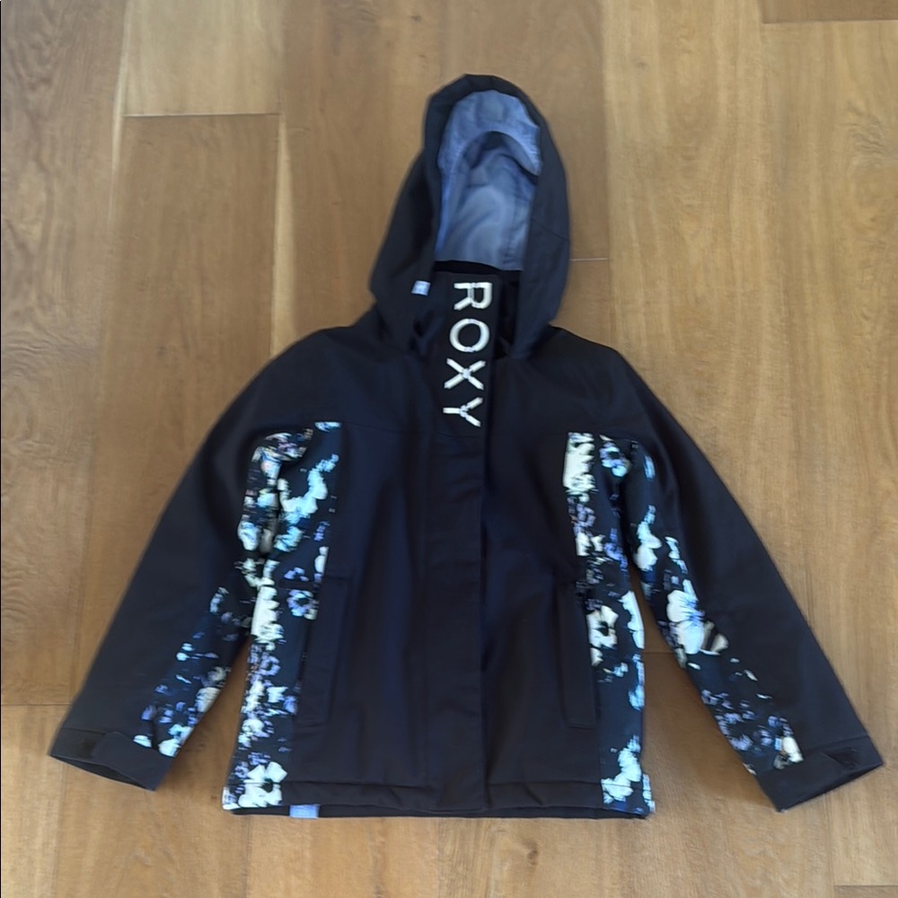 Roxy Black and Blue Raincoat with Hood and Camouflage Sleeves